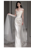 Chic A line Strapless Satin Long Wedding Dresses With Ruffles HZ1024