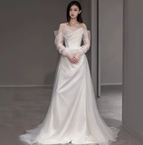 Chic A line Strapless Satin Long Wedding Dresses With Ruffles HZ1024