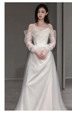 Chic A line Strapless Satin Long Wedding Dresses With Ruffles HZ1024