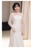 Sexy Sheath Off The Shoulder Long Sleeves Satin Long Wedding Dresses With Lace HZ1024