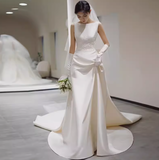 Chic A line Scoop Neckline Satin Long Wedding Dresses With Appliques HZ1024