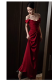 Pretty Sheath Off The Shoulder Satin Burgundy Long Prom Dresses HZ1024