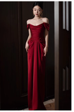 Pretty Sheath Off The Shoulder Satin Burgundy Long Prom Dresses HZ1024