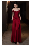 Pretty Sheath Off The Shoulder Satin Burgundy Long Prom Dresses HZ1024