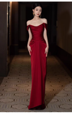 Pretty Sheath Off The Shoulder Satin Burgundy Long Prom Dresses HZ1024