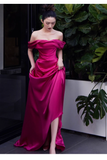 Sexy Mermaid Off The Shoulder Hot Pink Long Prom Dresses Satin Birthday Outfits HZ1024