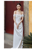 Chic Sheath Off The Shoulder Satin Long Wedding Dresses With Ruffles HZ1024