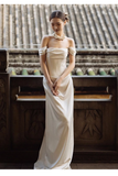 Chic Sheath Off The Shoulder Satin Long Wedding Dresses With Ruffles HZ1024