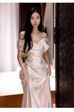 Sexy Sheath Off The Shoulder Satin Long Wedding Dresses With Ruffles HZ1024