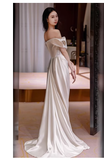 Sexy Sheath Off The Shoulder Satin Long Wedding Dresses With Ruffles HZ1024