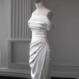 Timeless Sheath Off The Shoulder Satin Long Wedding Dresses With Slit HZ1024