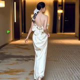 Classy Sheath Strapless Satin Ankle Length Wedding Dresses With Flowers HZ1024