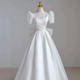 Classy Ball Gown Short Sleeves Floor Length Wedding Dresses With Bow HZ1024