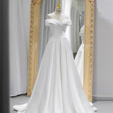 Classy A line Off The Shoulder Short Sleeves Floor Length Satin Wedding Dresses HZ1024