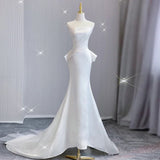 Timeless Mermaid Strapless Long Satin White Wedding Dresses With Bow HZ1024