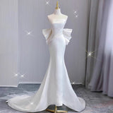 Timeless Mermaid Strapless Long Satin White Wedding Dresses With Bow HZ1024