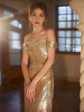 Sexy Sheath Off The Shoulder Gold Sequin Long Prom Dresses HZ1024