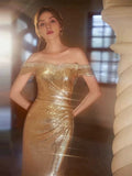 Sexy Sheath Off The Shoulder Gold Sequin Long Prom Dresses HZ1024