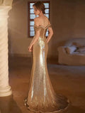 Sexy Sheath Off The Shoulder Gold Sequin Long Prom Dresses HZ1024