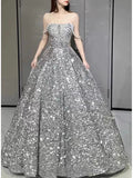 Sexy Ball Gown Off The Shoulder Silver Sequin Long Prom Dresses HZ1024