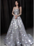 Sexy Ball Gown Off The Shoulder Silver Sequin Long Prom Dresses HZ1024