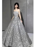 Sexy Ball Gown Off The Shoulder Silver Sequin Long Prom Dresses HZ1024