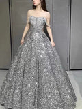 Sexy Ball Gown Off The Shoulder Silver Sequin Long Prom Dresses HZ1024