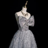 Elegant Ball Gown Strapless Gray Sequin Long Prom Dress HZ1024
