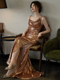 Elegant Sheath Backless Gold Sequin Long Prom Dresses HZ1024
