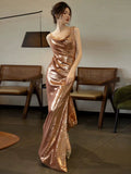 Elegant Sheath Backless Gold Sequin Long Prom Dresses HZ1024