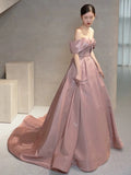 Elegant Ball Gown Off The Shoulder Satin Pink Long Prom Dresses HZ1024