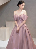 Elegant Ball Gown Off The Shoulder Satin Pink Long Prom Dresses HZ1024