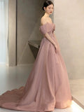 Elegant Ball Gown Off The Shoulder Satin Pink Long Prom Dresses HZ1024