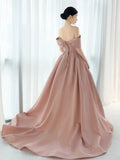 Elegant Ball Gown Off The Shoulder Satin Pink Long Prom Dresses HZ1024
