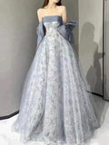 Elegant Ball Gown Strapless Gray Blue Sequin Long Prom Dresses HZ1024