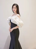 Modest Mermaid Off The Shoulder Satin Black Prom Dress Long Evening Dresses HZ1024