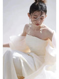 Timeless Mermaid Off The Shoulder Long Tulle White Wedding Dresses With Ruffles HZ1024