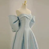 Modest A Line Off The Shoulder Satin Light Sky Blue Prom Dress Long Evening Dresses HZ1024