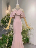 Elegant Sheath High Neckline Pink Satin Silver Beads Long Prom Dresses HZ1024