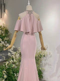 Elegant Sheath High Neckline Pink Satin Silver Beads Long Prom Dresses HZ1024