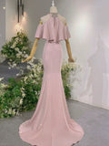 Elegant Sheath High Neckline Pink Satin Silver Beads Long Prom Dresses HZ1024