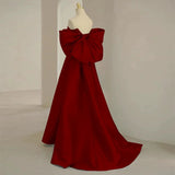 Modest A Line Off The Shoulder Satin Burgundy Prom Dress Long Evening Dresses With Bow HZ1024