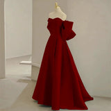 Modest A Line Off The Shoulder Satin Burgundy Prom Dress Long Evening Dresses With Bow HZ1024