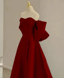Modest A Line Off The Shoulder Satin Burgundy Prom Dress Long Evening Dresses With Bow HZ1024