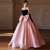 Modest Ball Gown Strapless Pink Prom Dress With Bow Long Evening Dresses HZ1024