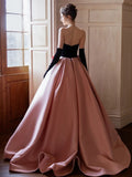 Modest Ball Gown Strapless Pink Prom Dress With Bow Long Evening Dresses HZ1024