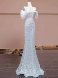 Elegant Sheath Off The Shoulder Silver Sequins Long Prom Dresses HZ1024