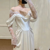 Timeless A Line Off The Shoulder Long Lace White Wedding Dresses With Slit HZ1024