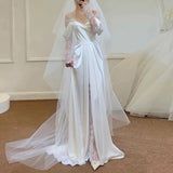 Timeless A Line Off The Shoulder Long Lace White Wedding Dresses With Slit HZ1024