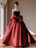 Modest Ball Gown Strapless Burgundy Prom Dress With Bow Long Prom Dresses HZ1024